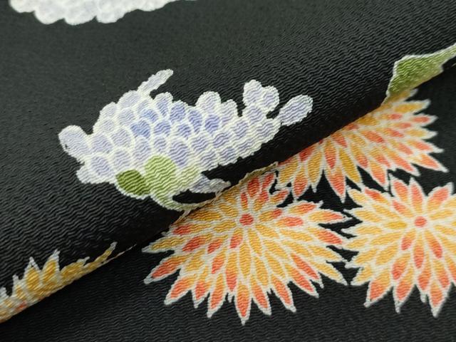 平和屋着物●極上 九寸名古屋帯 友禅 草花文 黒地 鬼しぼ縮緬 逸品 CZAA3697s5