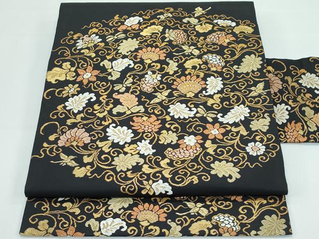 平和屋本店●極上 九寸名古屋帯 唐織 更紗唐草舞蝶鳥文 黒地 金糸 逸品 CZAA3698s5