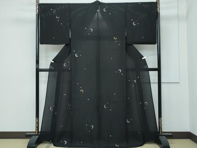 平和屋着物*極上 夏物 小紋 縦絽 総刺繍 月 星 黒地 やまと誂製 逸品 CZAA3810s5