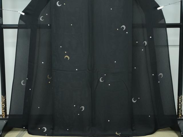 平和屋着物*極上 夏物 小紋 縦絽 総刺繍 月 星 黒地 やまと誂製 逸品 CZAA3810s5