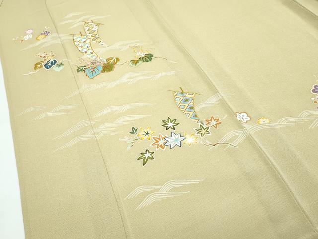 平和屋本店▽極上 訪問着 単衣 刺繍 立波桐吉祥文 金彩 鬼しぼ縮緬 木蘭色地 逸品 CZAA3829s5