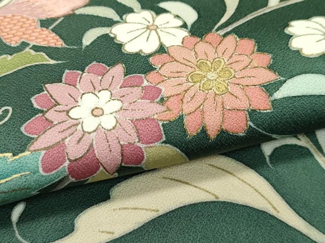 平和屋本店●極上 創業460年・千總 訪問着 刺繍 更紗花文 金彩 千歳緑色地 小田急百貨店扱い 逸品 CZAA5026s6
