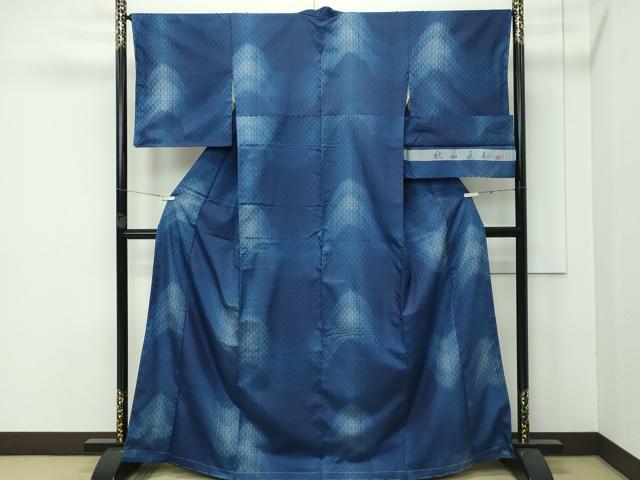 平和屋本店■超希少 日本工芸会正会員 秋山眞和 綾の手紬 手織 本藍染 三越扱い 証紙付き 逸品 未使用 CZAA3835s5