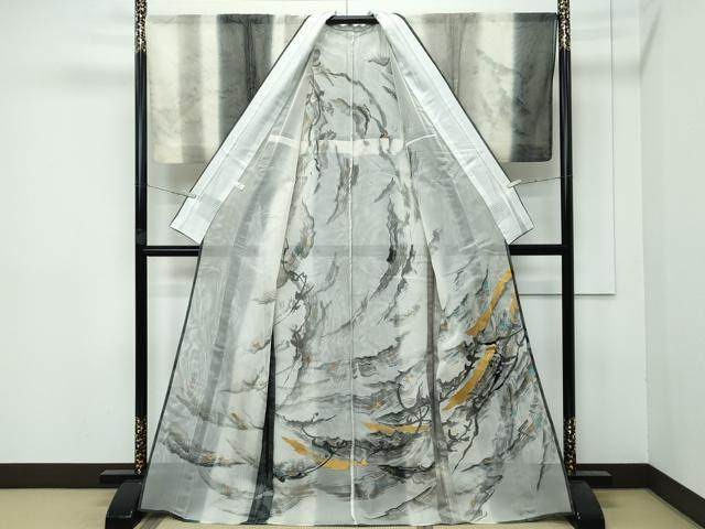 平和屋本店▽極上 訪問着 無双 紗袷 紗×紗 作家物 中国三大刺繍 スワトウ刺繍 霞文 黒地 金彩 健勝苑扱い 逸品 CZAA3865s5