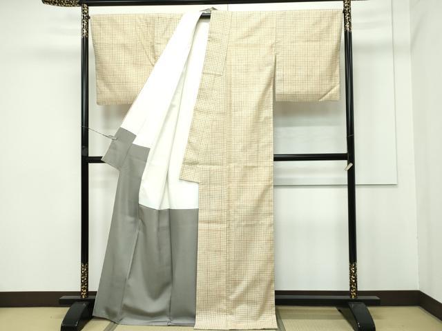 平和屋本店■極上 石川県指定無形文化財 牛首紬 白山工房 手織り 格子柄 砥粉色地 加藤改石謹製 証紙付き 逸品 CZAA3971s5