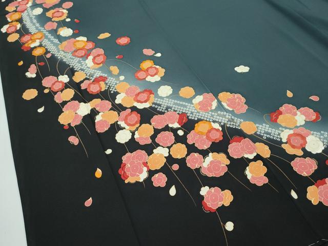 平和屋本店●極上 ジャパンオートクチュール 渡辺雪三郎 訪問着 刺繍 鹿の子梅文 暈し染め 金彩 錆鉄御納戸色地 逸品 未使用CZAA5750s6