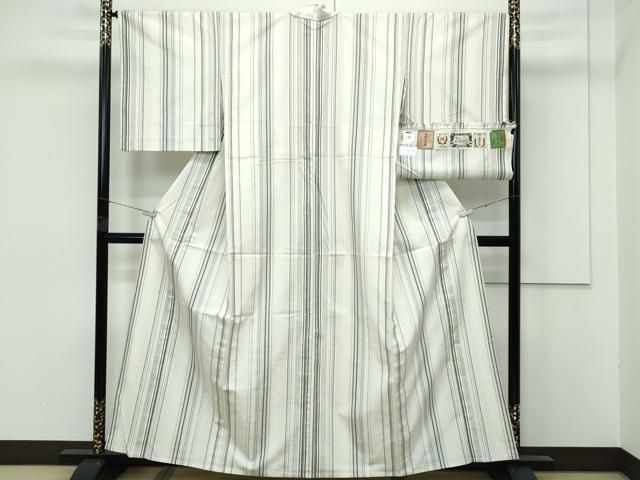 平和屋着物▽極上 結城紬 単衣 間道 砂色地 証紙付き 逸品 未使用 CZAA3997s5