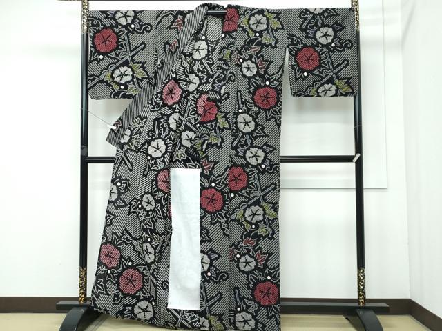 平和屋着物∴極上 夏物 浴衣 有松鳴海絞り 朝顔 黒地 綿 逸品 CZAA5751s6
