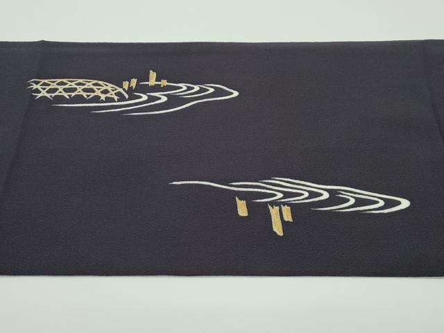 平和屋着物●極上 九寸開き名古屋帯 友禅 刺繍 枝垂れ柳人物文 金彩 鬼しぼ縮緬 紫黒色地 逸品 CZAA4136s5