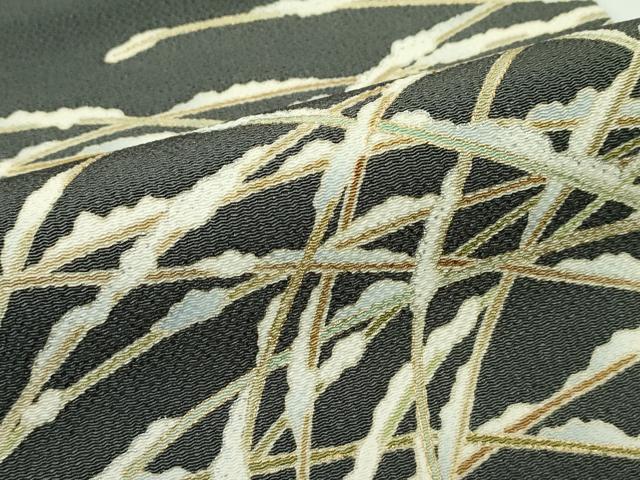平和屋本店■極上 九寸名古屋帯 雪持ち芝草文 金銀彩 鬼しぼ縮緬 藍媚茶色地 三越扱い 逸品 未使用 CZAA4145s5
