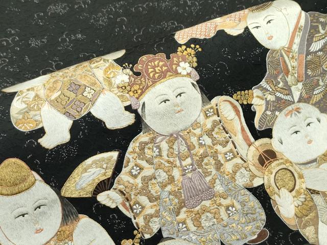 平和屋本店■極上 太鼓柄袋帯 総手刺繍 唐子 黒地 金銀糸 逸品 CZAA4157s5