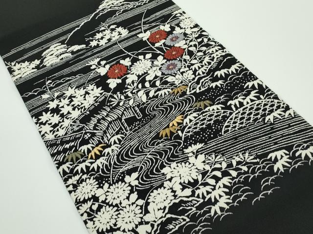 平和屋本店■極上 九寸開き名古屋帯 刺繍 御所解文 黒地 金糸 鬼しぼ縮緬 逸品 CZAA4159s5