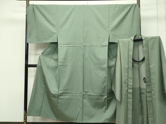 平和屋本店■極上 男性 紬・羽織セット キングサイズ 色無地 着物:山葵色 羽織:岩井茶色 逸品 未使用 CZAA4210s5