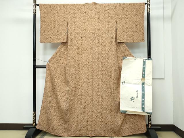 平和屋着物■極上 洗える最高級着物 <英>はなぶさ謹製 小紋 単衣 更紗唐草文 朽葉色地 たとう紙付き 逸品 CZAA4275s5