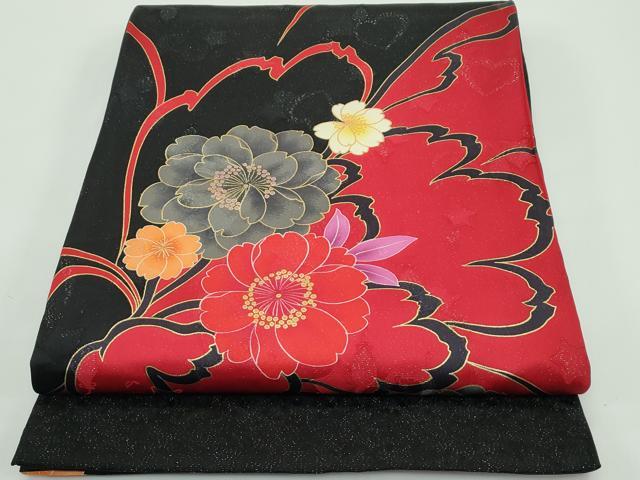 平和屋着物●極上 太鼓柄袋帯 草花文 黒地 銀通し地 逸品 CZAA4357s5