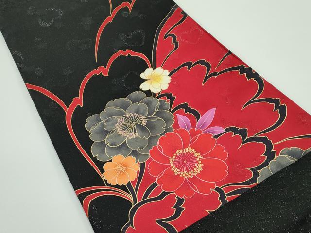 平和屋着物●極上 太鼓柄袋帯 草花文 黒地 銀通し地 逸品 CZAA4357s5
