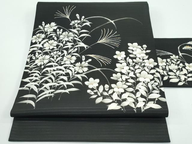 平和屋着物■極上 夏物 絽塩瀬 九寸名古屋帯 草花文 黒地 金彩 逸品 CZAA4368s5