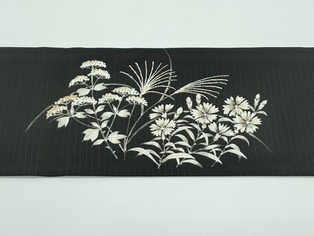 平和屋着物■極上 夏物 絽塩瀬 九寸名古屋帯 草花文 黒地 金彩 逸品 CZAA4368s5