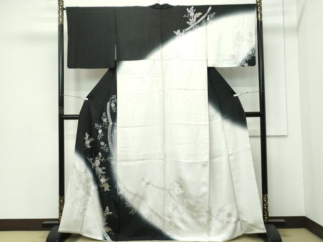 平和屋本店●極上 訪問着 花唐草文 暈し染め 黒地 銀通し地 逸品 CZAA4407s6