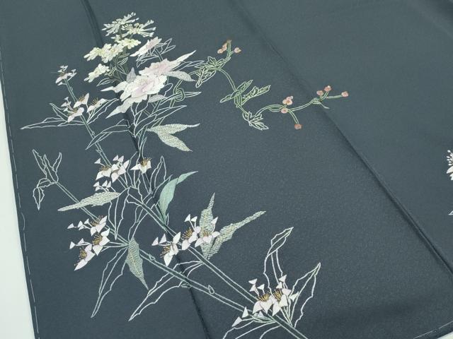 平和屋本店●極上 山口美術織物 皇室 伊勢神宮御用 西陣織 訪問着 総刺繍 相良刺繍 草花文 金糸 藍墨茶色地 逸品 未使用 CZAA4413s6
