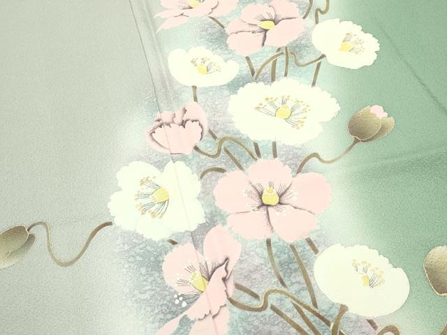 平和屋着物●極上 東京友禅 菅有鬼一 訪問着 手描き 草花文 暈し染め 金銀彩 柳染色地 逸品 未使用 CZAA4414s6