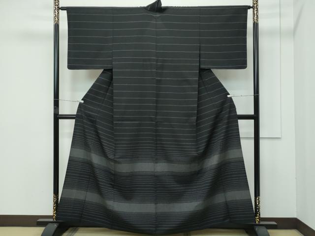 平和屋着物▽極上 訪問着 単衣 お召地 横段文 黒地 逸品 未使用 CZAA4443s6