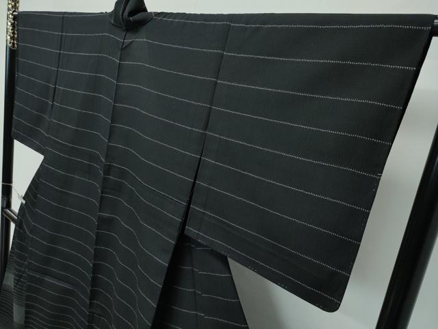 平和屋着物▽極上 訪問着 単衣 お召地 横段文 黒地 逸品 未使用 CZAA4443s6