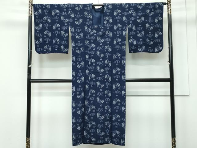 平和屋着物□極上 久留米絣 道行コート ロング丈 単衣 舞蝶文 綿 逸品