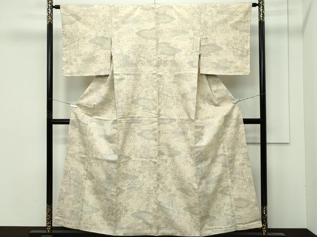 平和屋着物●極上 本場結城紬 重要無形文化財 100亀甲 雲取り風景花文 砥粉色地 逸品 未使用 CZAA4455s6