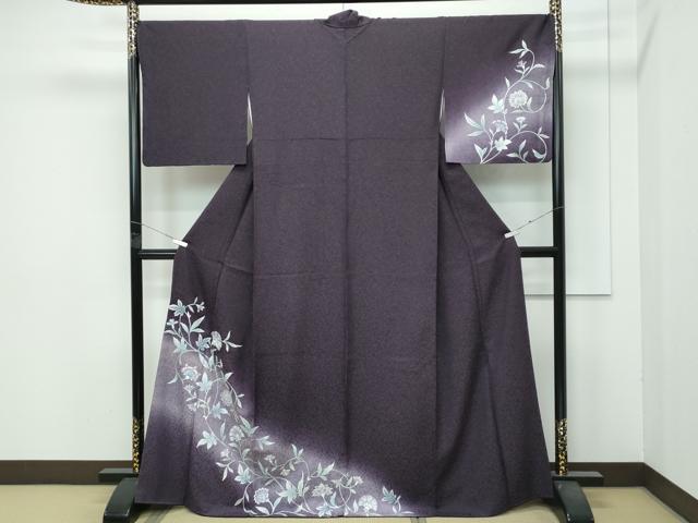 平和屋着物●極上 訪問着 更紗花文 暈し染め 銀通し地 黒紅色地 反端付き 逸品 CZAA4461s6