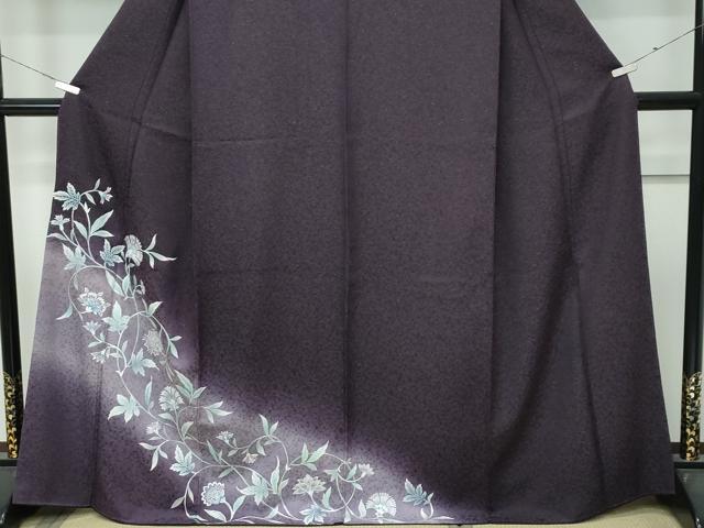 平和屋着物●極上 訪問着 更紗花文 暈し染め 銀通し地 黒紅色地 反端付き 逸品 CZAA4461s6