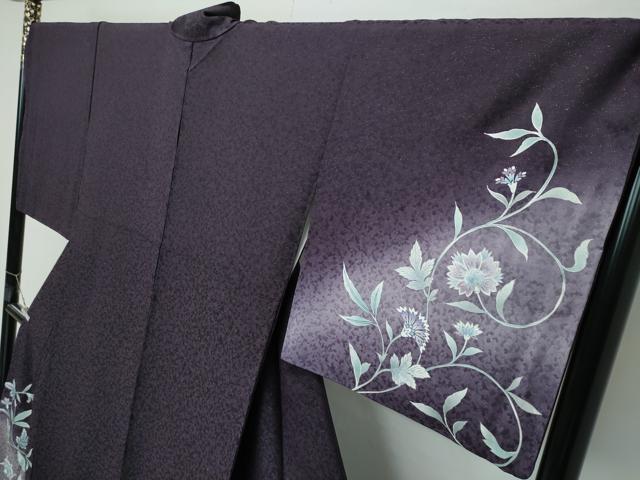 平和屋着物●極上 訪問着 更紗花文 暈し染め 銀通し地 黒紅色地 反端付き 逸品 CZAA4461s6