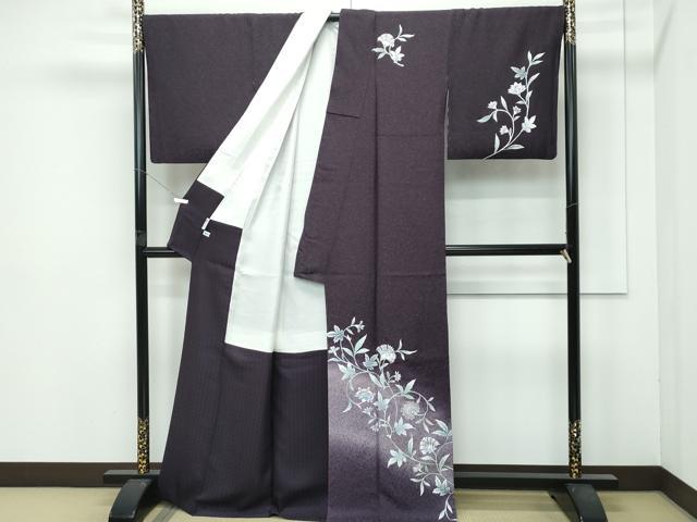 平和屋着物●極上 訪問着 更紗花文 暈し染め 銀通し地 黒紅色地 反端付き 逸品 CZAA4461s6