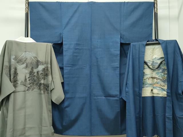 平和屋着物●極上 男性 紬 アンサンブル・長襦袢セット 色無地 鉄御納戸色 逸品 CZAA4472s6