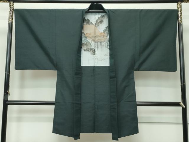平和屋着物●極上 男性 紬 アンサンブル・長襦袢セット 色無地 黒緑色 逸品 CZAA4473s6