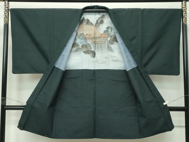 平和屋着物●極上 男性 紬 アンサンブル・長襦袢セット 色無地 黒緑色 逸品 CZAA4473s6