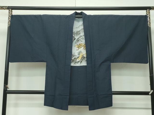 平和屋着物●極上 男性 紬 アンサンブル 色無地 濃紺地 逸品 CZAA4508s6