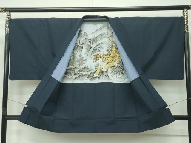 平和屋着物●極上 男性 紬 アンサンブル 色無地 濃紺地 逸品 CZAA4508s6