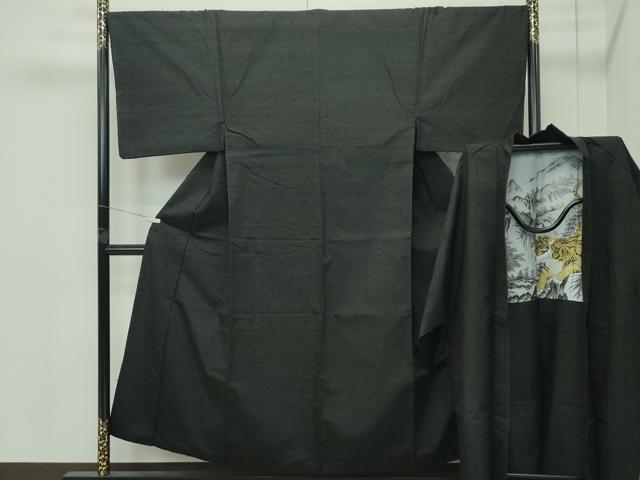 平和屋着物●極上 男性 髭紬 アンサンブル 色無地 黒地 逸品 CZAA4512s6