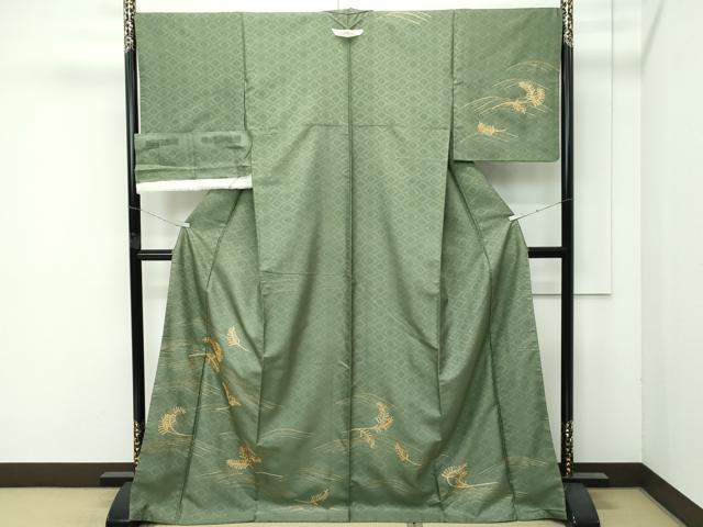 平和屋着物●極上 紋屋井関 井関宗麟 御寮織 訪問着 駒刺繍 松葉 金彩 麹塵色地 反端付き 逸品 未使用 CZAA4536s6