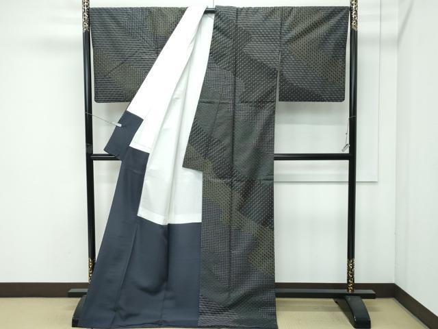 平和屋本店●極上 訪問着 紬地 総刺繍 刺し子 流水吉祥文 黒地 逸品 CZAA4537s6