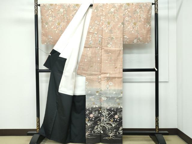 平和屋着物●極上 染織の名門 しょうざん 生紬 訪問着 鴛鴦籬草花文 暈し染め 金彩 伽羅色地 証紙付き 逸品 未使用 CZAA4540s6