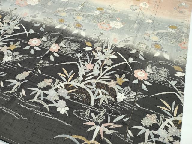平和屋着物●極上 染織の名門 しょうざん 生紬 訪問着 鴛鴦籬草花文 暈し染め 金彩 伽羅色地 証紙付き 逸品 未使用 CZAA4540s6