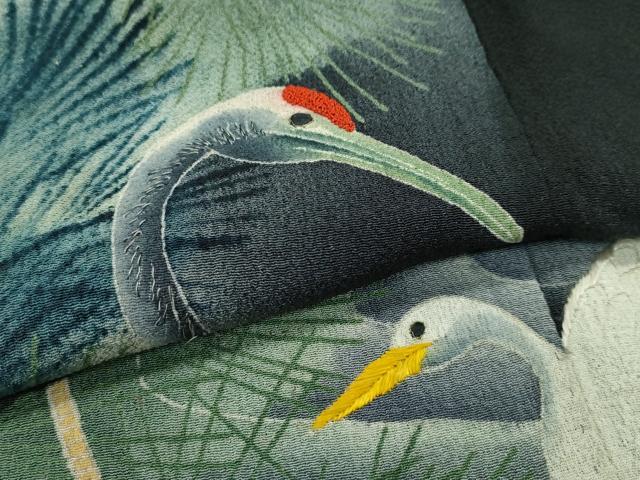 平和屋着物●極上 アンティーク 大正ロマン 黒留袖 仮絵羽 相良刺繍 群鶴松文 暈し染め 鬼しぼ縮緬 逸品 CZAA4551s6