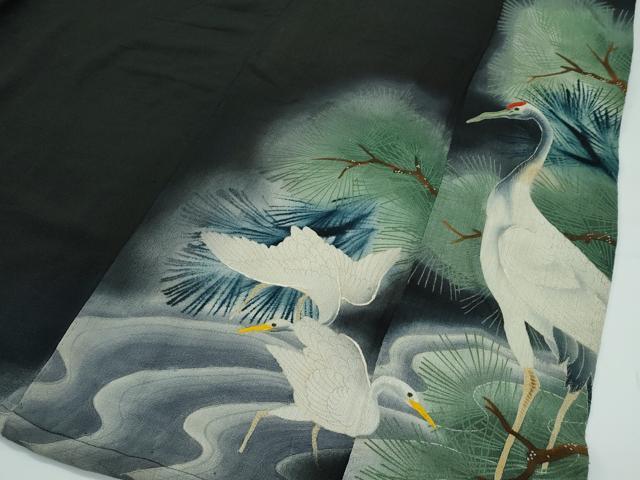 平和屋着物●極上 アンティーク 大正ロマン 黒留袖 仮絵羽 相良刺繍 群鶴松文 暈し染め 鬼しぼ縮緬 逸品 CZAA4551s6