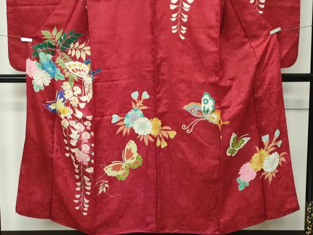 平和屋着物∵極上 アンティーク 大正ロマン 女の子 十三参り 子供 祝着 花蝶文 金彩 蘇芳色地 逸品 CZAA4554s6