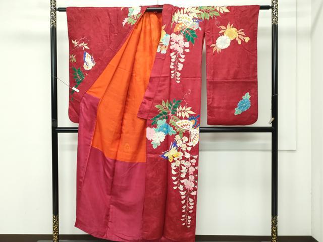 平和屋着物∵極上 アンティーク 大正ロマン 女の子 十三参り 子供 祝着 花蝶文 金彩 蘇芳色地 逸品 CZAA4554s6