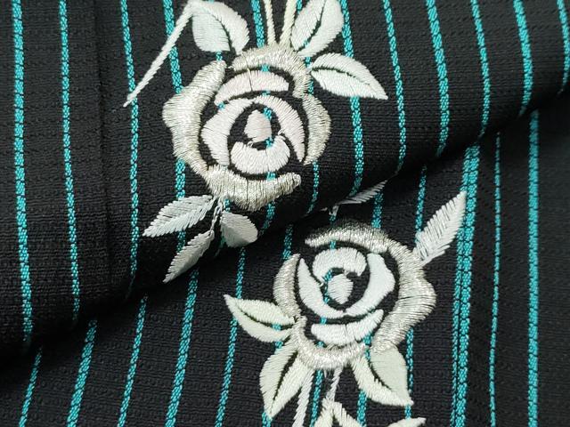 平和屋本店●極上 訪問着 お召地 総刺繍 縞 薔薇 黒地 銀糸 やまと金ラベル 逸品 未使用 CZAA4578s6