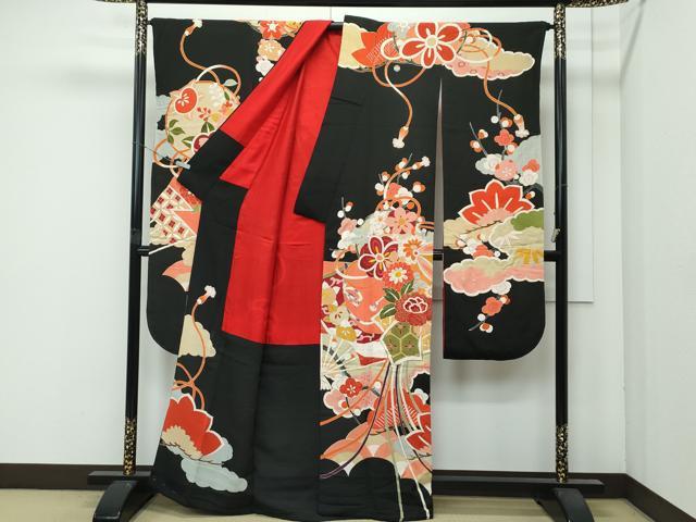 平和屋着物●極上 アンティーク 大正ロマン 振袖 駒刺繍 松竹梅檜扇花文 黒地 金彩 逸品 CZAA4619s6