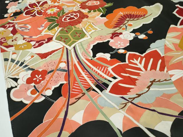 平和屋着物●極上 アンティーク 大正ロマン 振袖 駒刺繍 松竹梅檜扇花文 黒地 金彩 逸品 CZAA4619s6